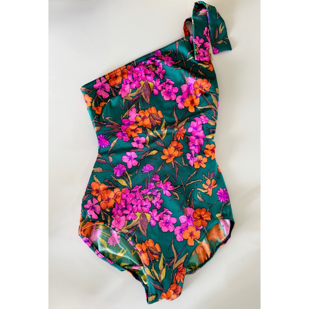Unbranded Floral One Shoulder Bodysuit Women Small Green Pink Good Condition Bow